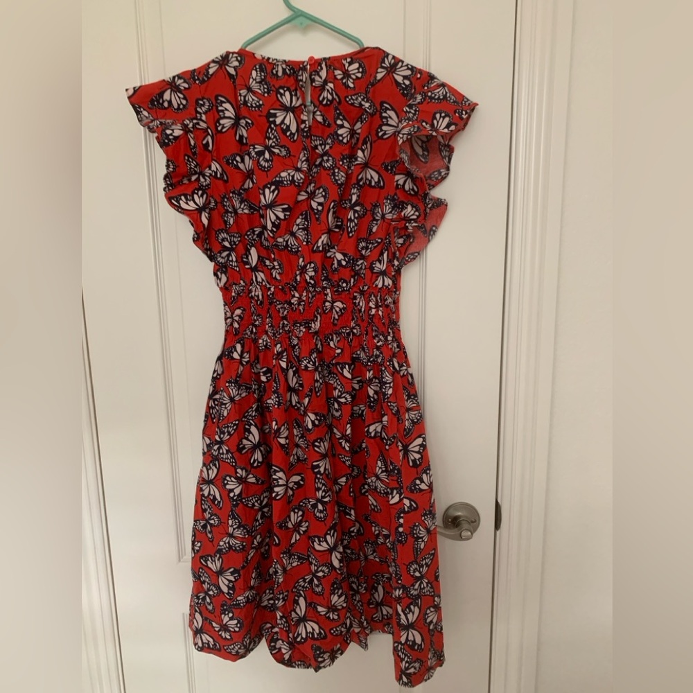 Kate Spade Butterfly Print Red Smocked Dress with Side Pockets - Picture 3 of 10